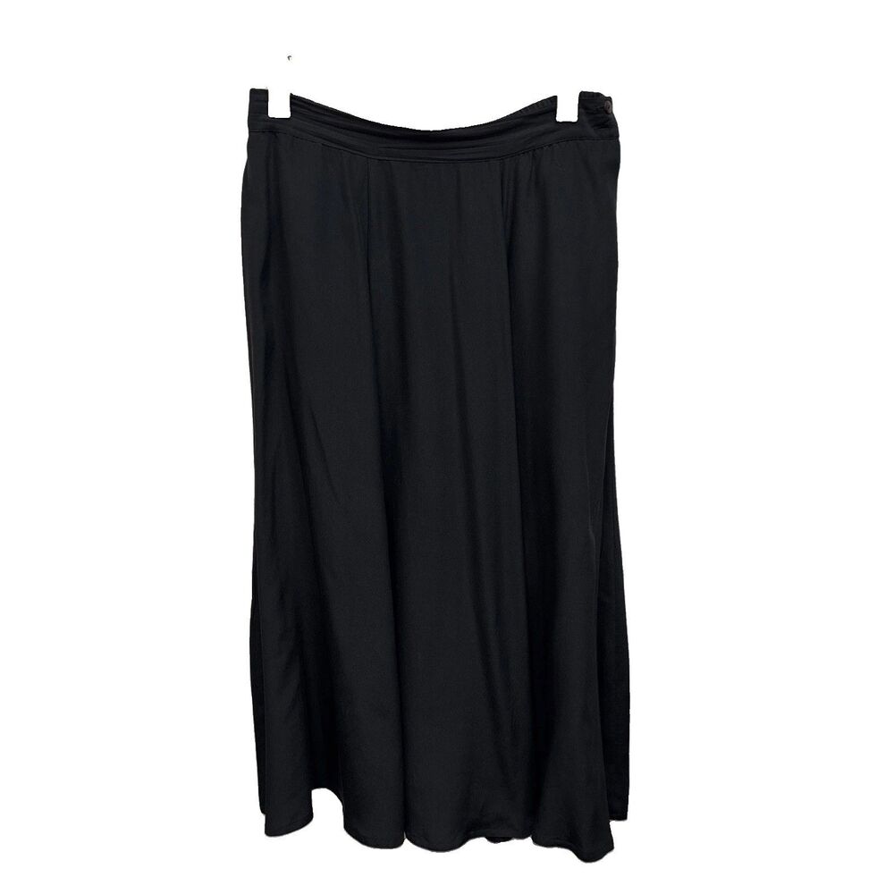 Women Black Crepe Satin Swing Skirt Midi Elastic Waist Buttons Pockets 30X33” M